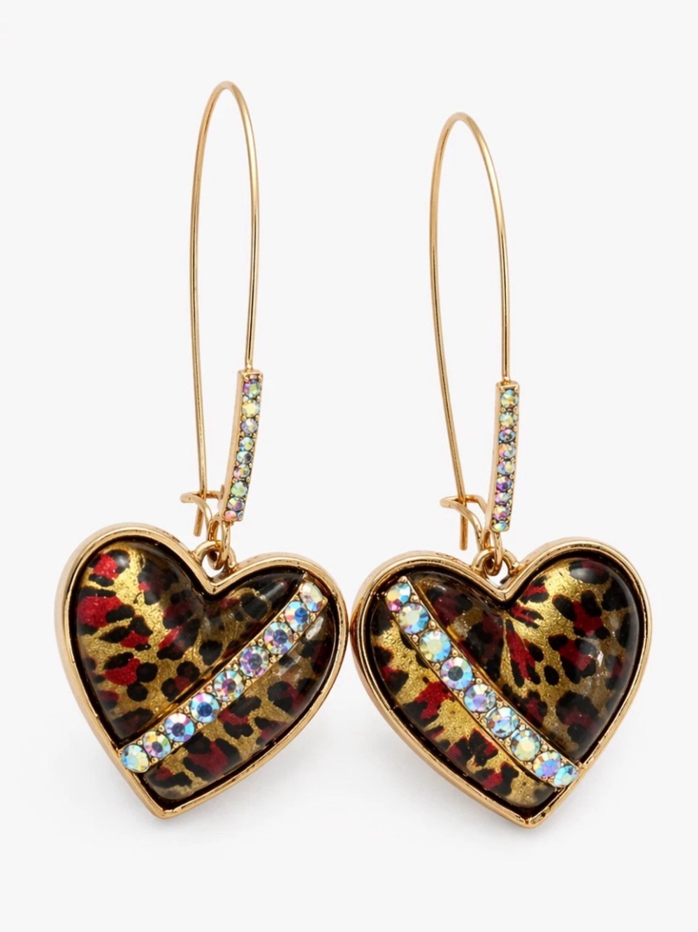 New Betsey Johnson gold Leopard Heart Drop Earrings with Iridescent Crystal